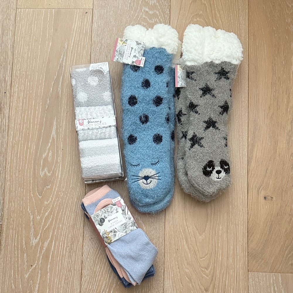 Cozy soft Animal Face Socks Set - Blue, Gray, and Pink cozy socks, winter sock